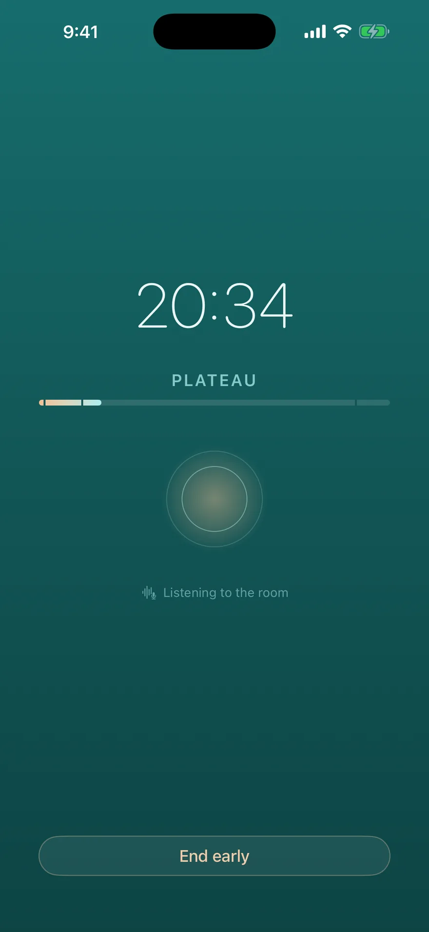 Bordun session screen: 20:34 remaining, phase labelled Plateau, a soft ring in the centre, and the caption ‘Listening to the room’.